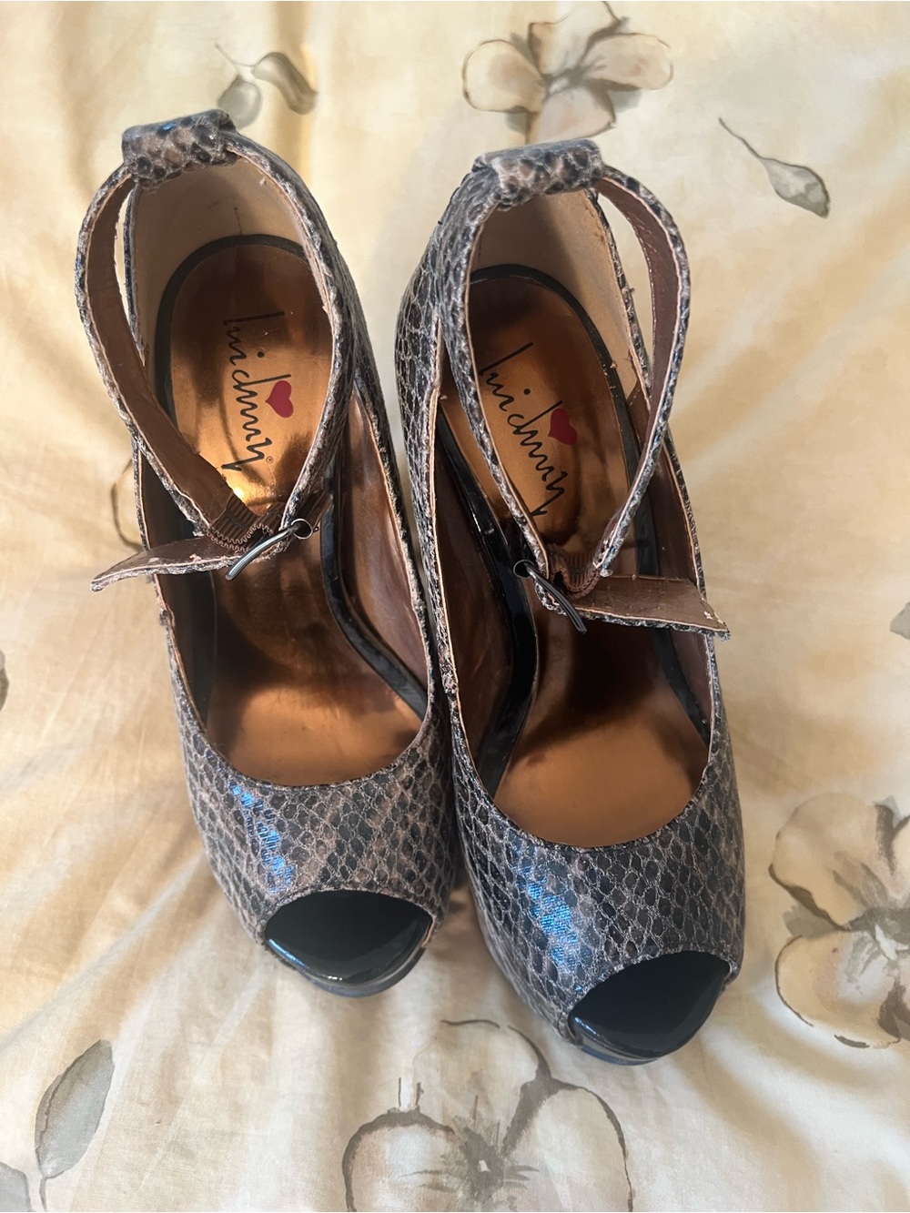 Snake-Print Peep Toe Ankle Strap Heels - Gray